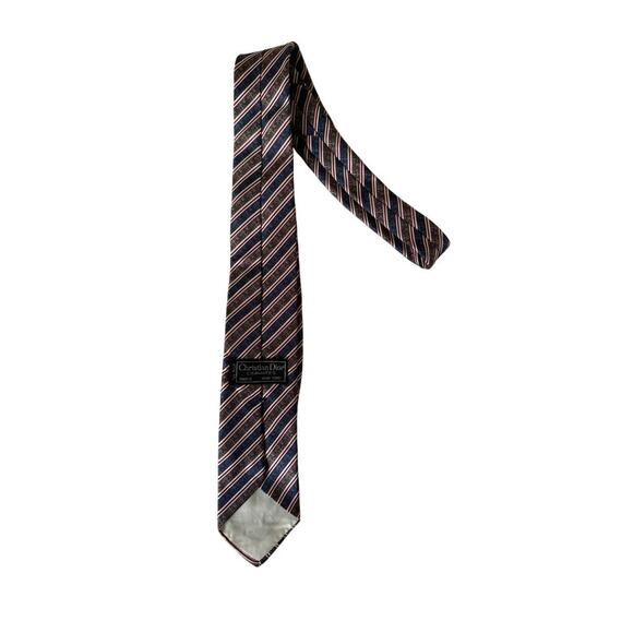Vintage Christian Dior Silk Tie Cravates Paris NY Navy Red Striped Classic 80s - Picture 2 of 4